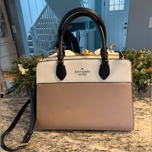 Kate Spade Madison Medium Satchel Taupe Cream Black Excellent 12” X 9” Like New!